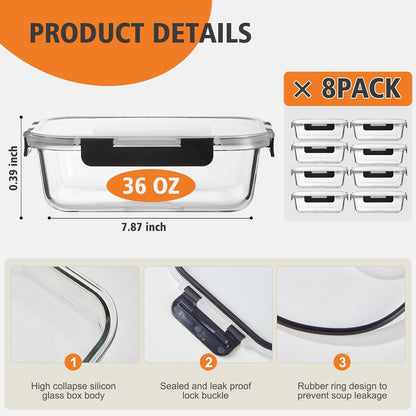Glass Food Storage Containers with Lids, Meal Prep Containers, Airtight Bento Boxes with Leak Proof Locking for Microwave, Oven, Freezer and Dishwasher, BPA Free