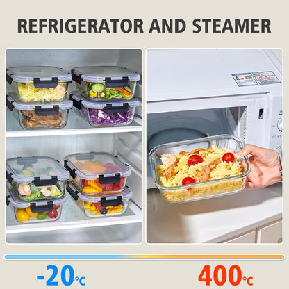 Glass Food Storage Containers with Lids, Meal Prep Containers, Airtight Bento Boxes with Leak Proof Locking for Microwave, Oven, Freezer and Dishwasher, BPA Free