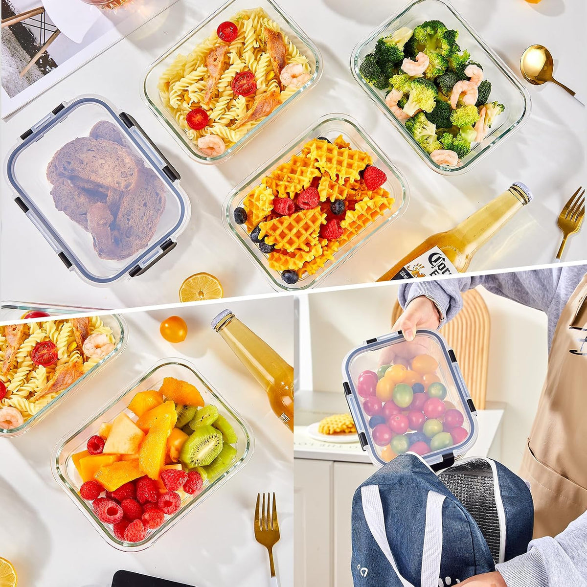 Glass Food Storage Containers with Lids, Meal Prep Containers, Airtight Bento Boxes with Leak Proof Locking for Microwave, Oven, Freezer and Dishwasher, BPA Free