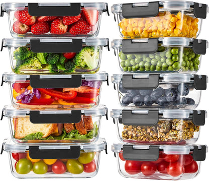 Glass Food Storage Containers with Lids, Meal Prep Containers, Airtight Bento Boxes with Leak Proof Locking for Microwave, Oven, Freezer and Dishwasher, BPA Free