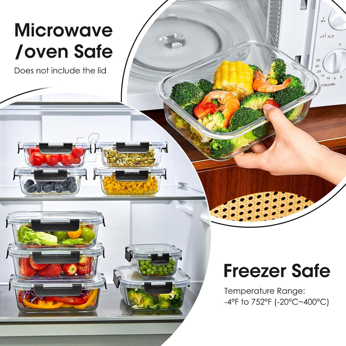Glass Food Storage Containers with Lids, Meal Prep Containers, Airtight Bento Boxes with Leak Proof Locking for Microwave, Oven, Freezer and Dishwasher, BPA Free