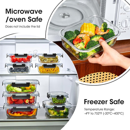 Glass Food Storage Containers with Lids, Meal Prep Containers, Airtight Bento Boxes with Leak Proof Locking for Microwave, Oven, Freezer and Dishwasher, BPA Free