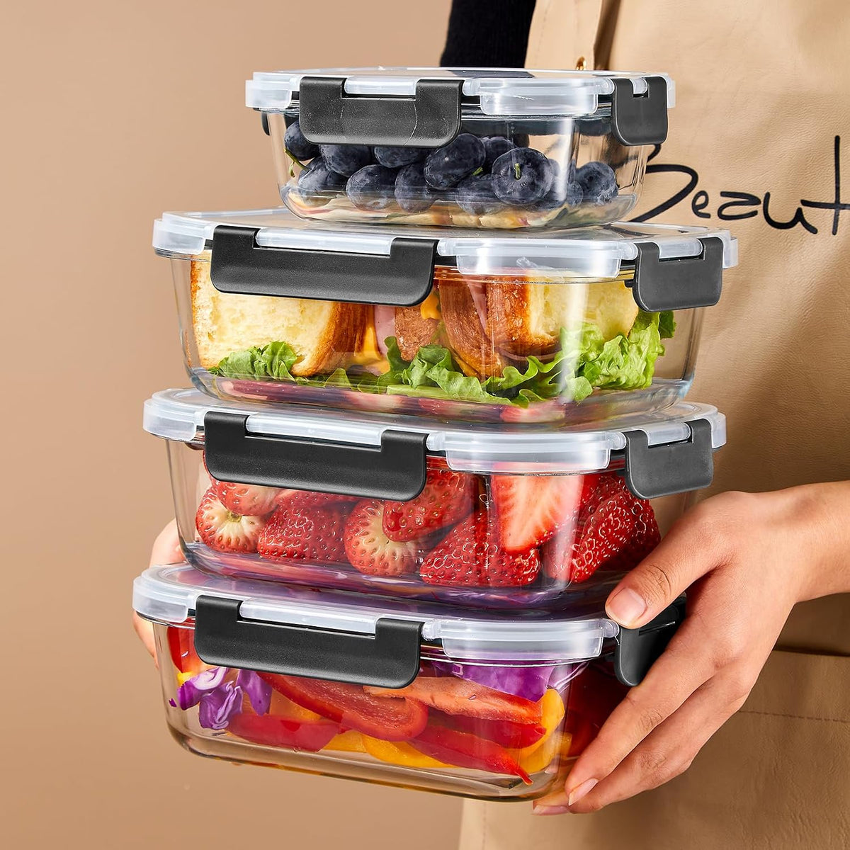 Glass Food Storage Containers with Lids, Meal Prep Containers, Airtight Bento Boxes with Leak Proof Locking for Microwave, Oven, Freezer and Dishwasher, BPA Free