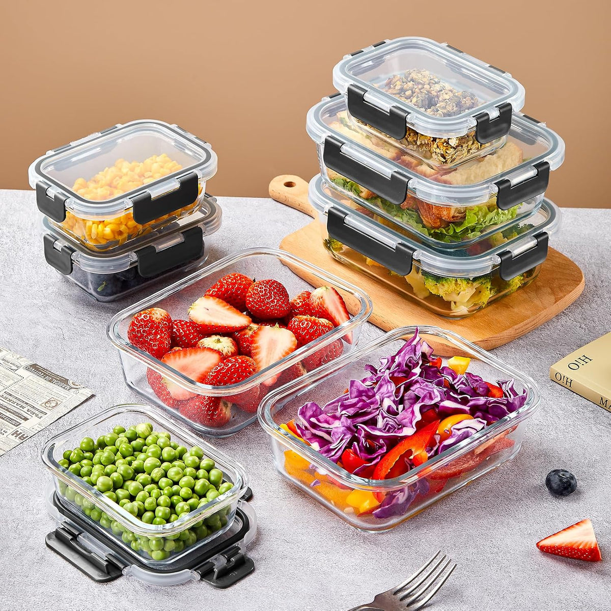 Glass Food Storage Containers with Lids, Meal Prep Containers, Airtight Bento Boxes with Leak Proof Locking for Microwave, Oven, Freezer and Dishwasher, BPA Free