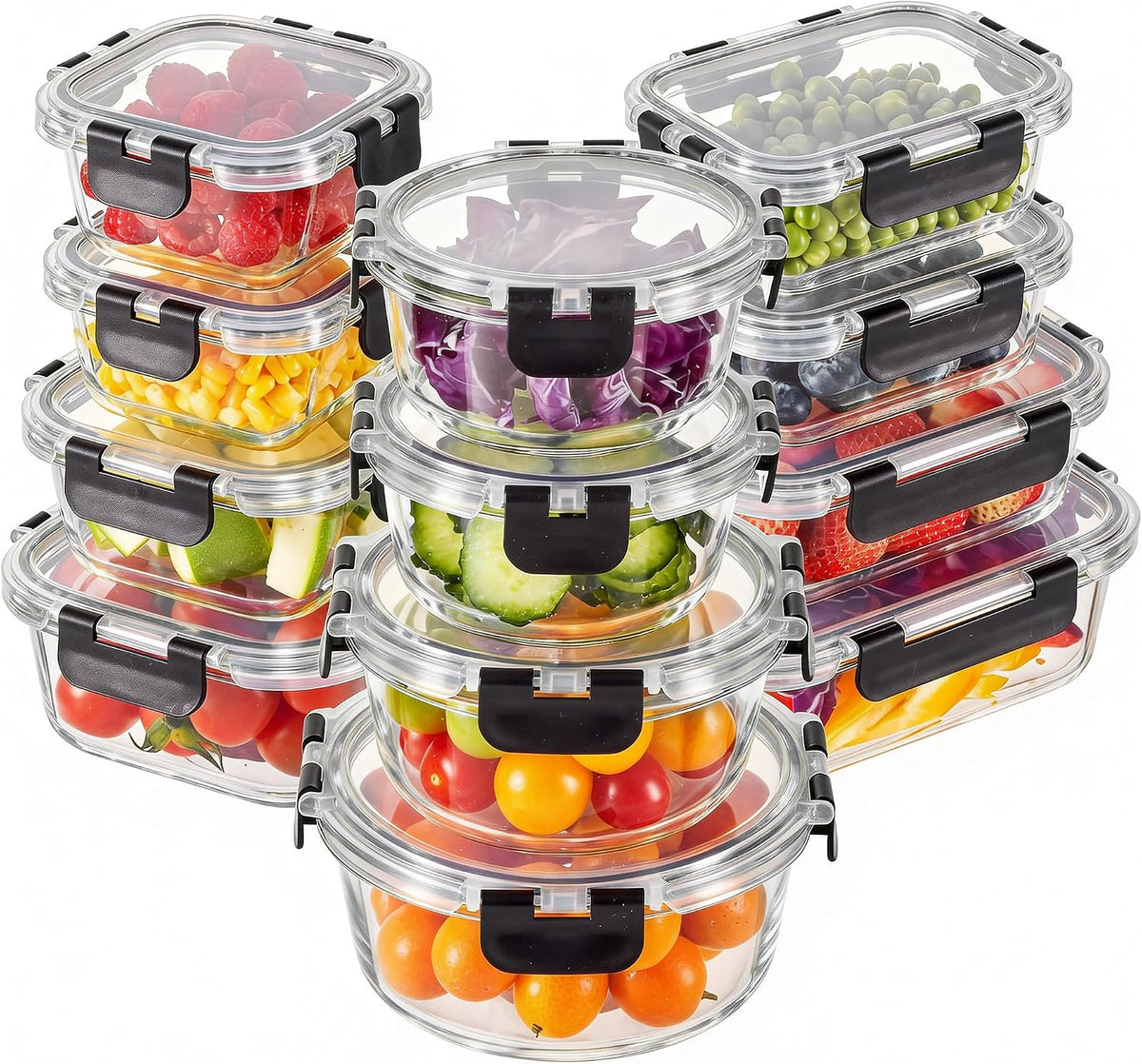 Glass Food Storage Containers with Lids, Meal Prep Containers, Airtight Bento Boxes with Leak Proof Locking for Microwave, Oven, Freezer and Dishwasher, BPA Free