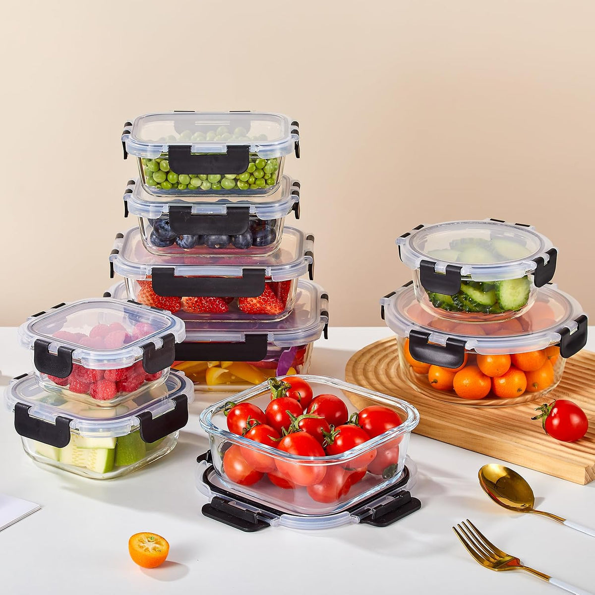 Glass Food Storage Containers with Lids, Meal Prep Containers, Airtight Bento Boxes with Leak Proof Locking for Microwave, Oven, Freezer and Dishwasher, BPA Free