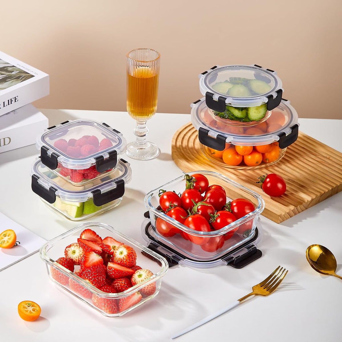 Glass Food Storage Containers with Lids, Meal Prep Containers, Airtight Bento Boxes with Leak Proof Locking for Microwave, Oven, Freezer and Dishwasher, BPA Free
