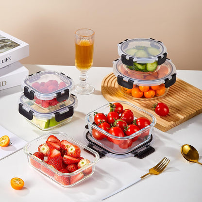 Glass Food Storage Containers with Lids, Meal Prep Containers, Airtight Bento Boxes with Leak Proof Locking for Microwave, Oven, Freezer and Dishwasher, BPA Free