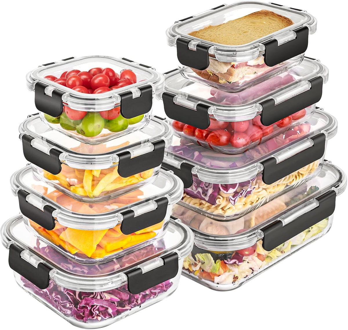 Glass Food Storage Containers with Lids, Meal Prep Containers, Airtight Bento Boxes with Leak Proof Locking for Microwave, Oven, Freezer and Dishwasher, BPA Free