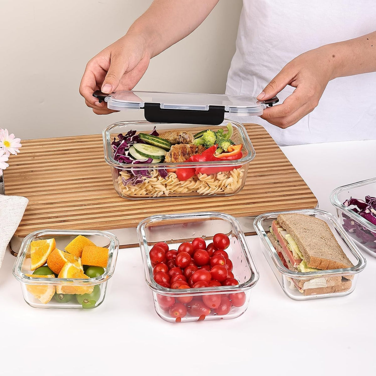 Glass Food Storage Containers with Lids, Meal Prep Containers, Airtight Bento Boxes with Leak Proof Locking for Microwave, Oven, Freezer and Dishwasher, BPA Free