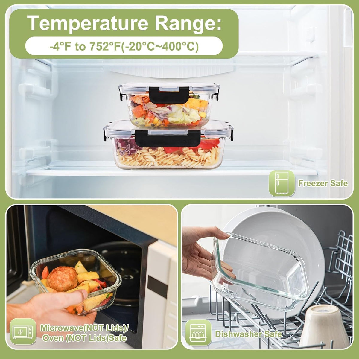 Glass Food Storage Containers with Lids, Meal Prep Containers, Airtight Bento Boxes with Leak Proof Locking for Microwave, Oven, Freezer and Dishwasher, BPA Free