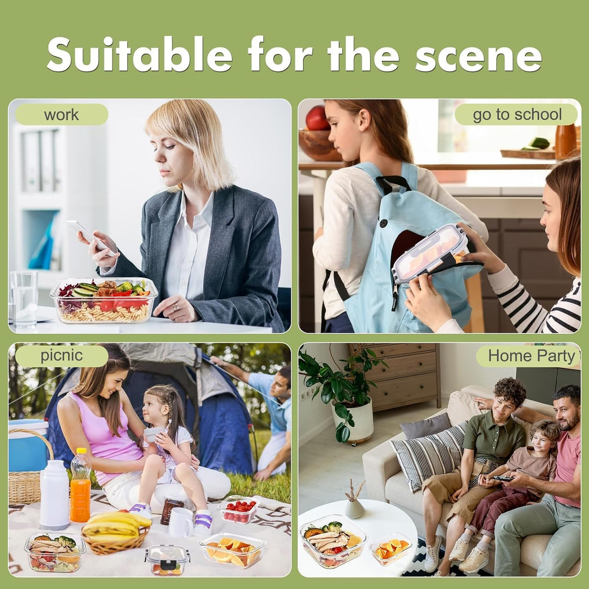 Glass Food Storage Containers with Lids, Meal Prep Containers, Airtight Bento Boxes with Leak Proof Locking for Microwave, Oven, Freezer and Dishwasher, BPA Free
