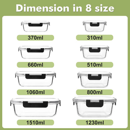 Glass Food Storage Containers with Lids, Meal Prep Containers, Airtight Bento Boxes with Leak Proof Locking for Microwave, Oven, Freezer and Dishwasher, BPA Free