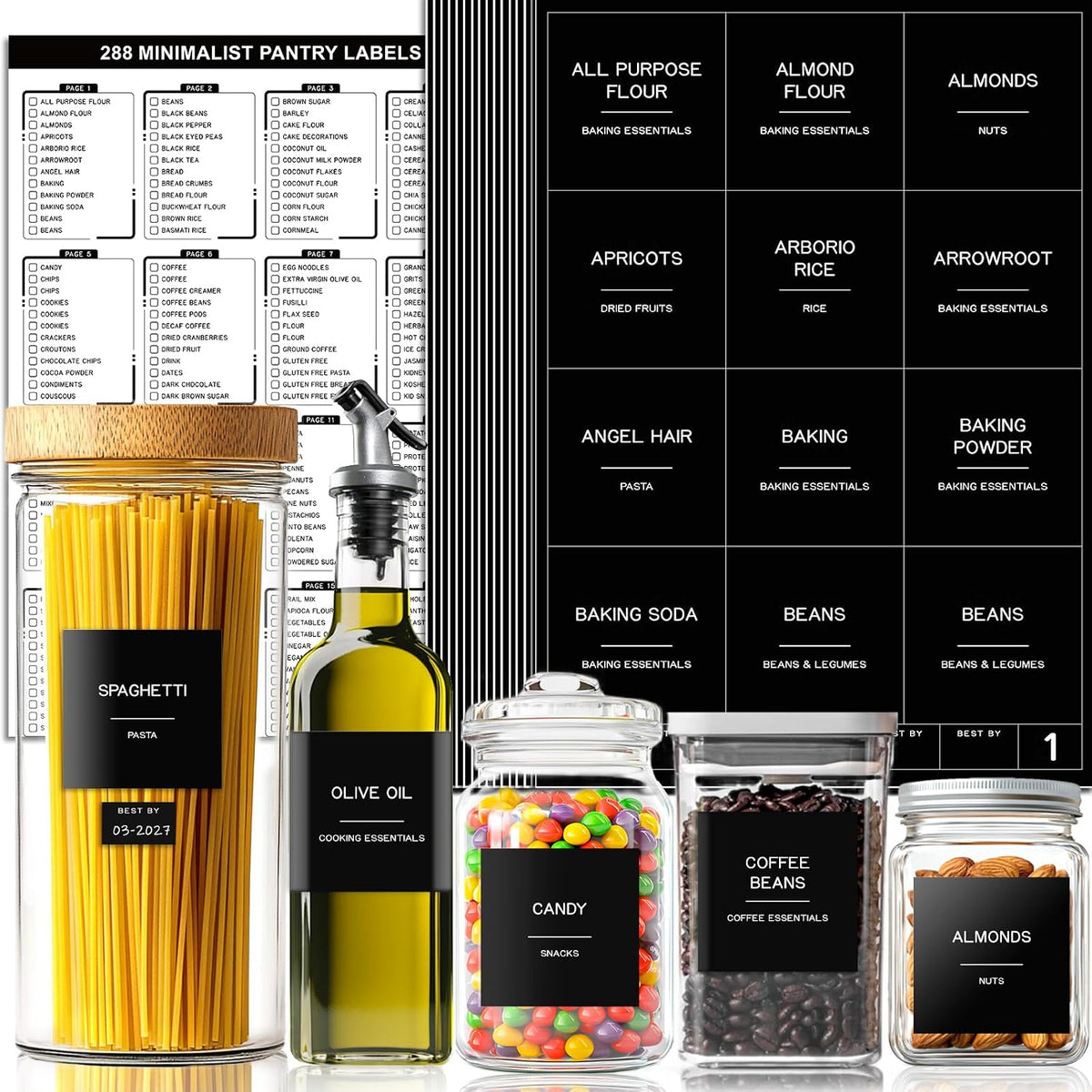 288 Pantry Labels for Food Containers, Black Preprinted Minimalist Waterproof Stickers for Organizing Storage Bins, Jars and Kitchen
