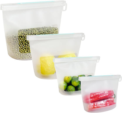 Reusable Silicone Food Storage Bags (Set of 4), Dishwasher Oven Microwave Freezer Safe, Eco-Friendly 100% Platinum, Leakproof Sous Vide Bags, Premium Lunch Containers, 2 Snack 2 Sandwich, Mixed