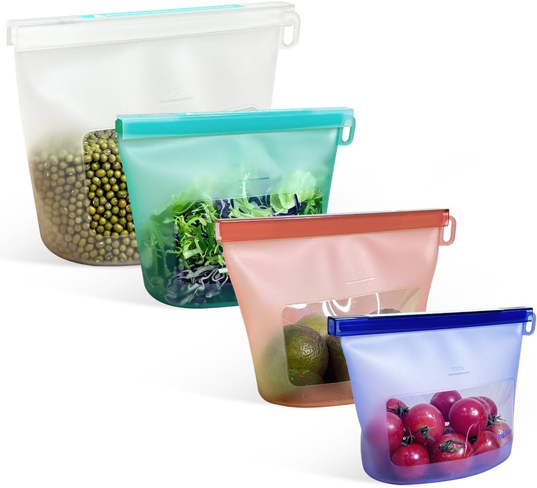 Reusable Silicone Food Storage Bags (Set of 4), Dishwasher Oven Microwave Freezer Safe, Eco-Friendly 100% Platinum, Leakproof Sous Vide Bags, Premium Lunch Containers, 2 Snack 2 Sandwich, Mixed