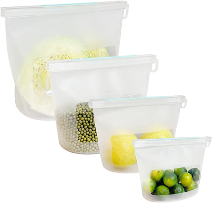 Reusable Silicone Food Storage Bags (Set of 4), Dishwasher Oven Microwave Freezer Safe, Eco-Friendly 100% Platinum, Leakproof Sous Vide Bags, Premium Lunch Containers, 2 Snack 2 Sandwich, Mixed