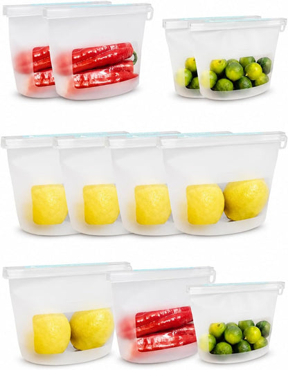 Reusable Silicone Food Storage Bags (Set of 4), Dishwasher Oven Microwave Freezer Safe, Eco-Friendly 100% Platinum, Leakproof Sous Vide Bags, Premium Lunch Containers, 2 Snack 2 Sandwich, Mixed