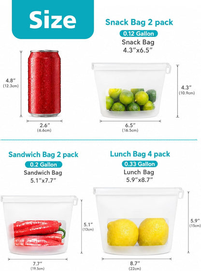 Reusable Silicone Food Storage Bags (Set of 4), Dishwasher Oven Microwave Freezer Safe, Eco-Friendly 100% Platinum, Leakproof Sous Vide Bags, Premium Lunch Containers, 2 Snack 2 Sandwich, Mixed
