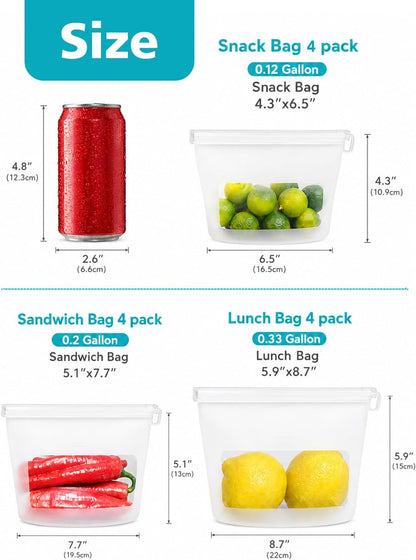Reusable Silicone Food Storage Bags (Set of 4), Dishwasher Oven Microwave Freezer Safe, Eco-Friendly 100% Platinum, Leakproof Sous Vide Bags, Premium Lunch Containers, 2 Snack 2 Sandwich, Mixed