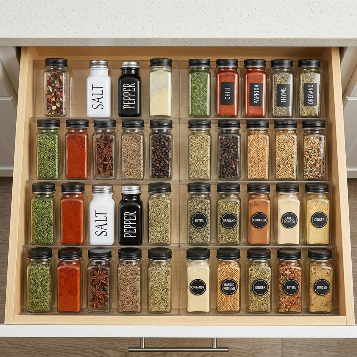 8-Pack Clear Seasoning Rack for Drawer, Expandable Acrylic Spice Drawer Organizer (13 to 26 Inches) Holds up to 56 Jars, Kitchen Spice Rack for Drawers Storage