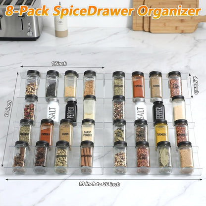 8-Pack Clear Seasoning Rack for Drawer, Expandable Acrylic Spice Drawer Organizer (13 to 26 Inches) Holds up to 56 Jars, Kitchen Spice Rack for Drawers Storage