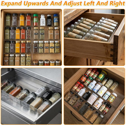 8-Pack Clear Seasoning Rack for Drawer, Expandable Acrylic Spice Drawer Organizer (13 to 26 Inches) Holds up to 56 Jars, Kitchen Spice Rack for Drawers Storage