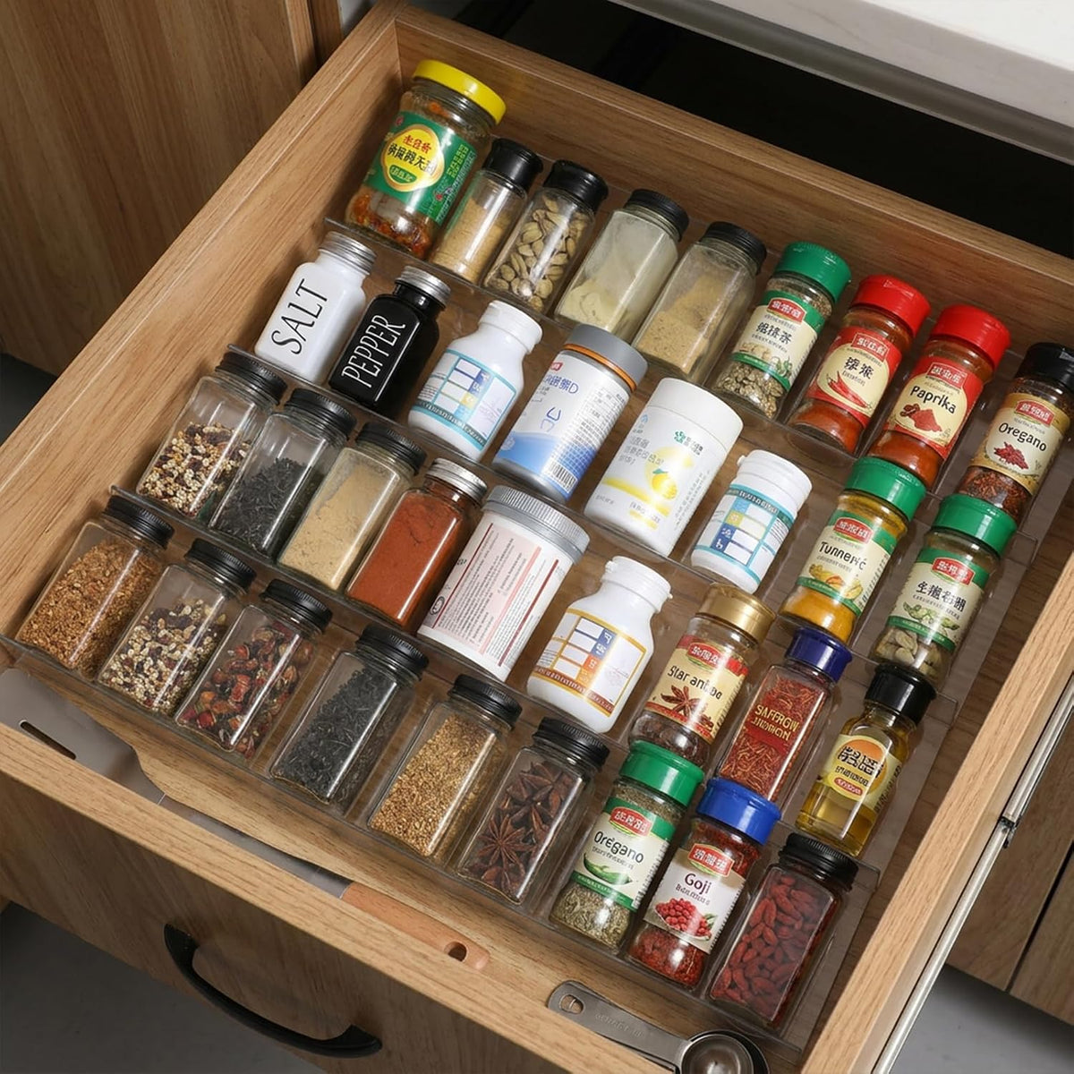 8-Pack Clear Seasoning Rack for Drawer, Expandable Acrylic Spice Drawer Organizer (13 to 26 Inches) Holds up to 56 Jars, Kitchen Spice Rack for Drawers Storage
