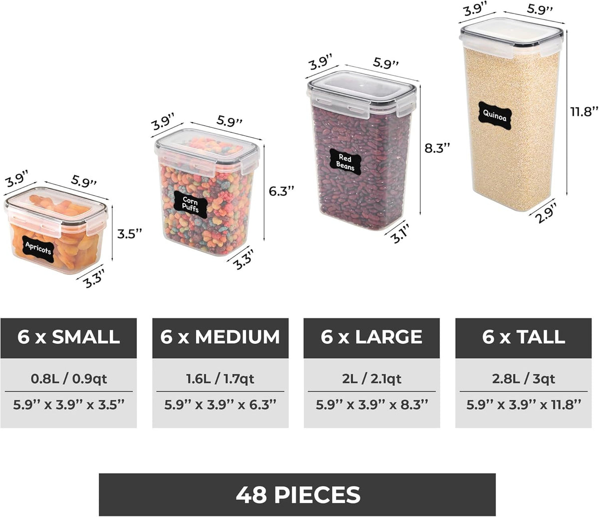 Kitchen Storage Containers with Lids, 48 PCS Airtight Food Storage Containers, Plastic Kitchen Containers, Pantry Containers for Cereal, Dry Food, Includes Labels, Marker & Measuring Spoons