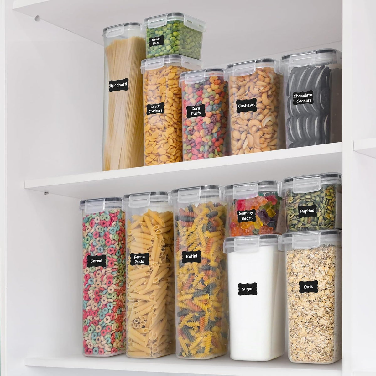 Kitchen Storage Containers with Lids, 48 PCS Airtight Food Storage Containers, Plastic Kitchen Containers, Pantry Containers for Cereal, Dry Food, Includes Labels, Marker & Measuring Spoons