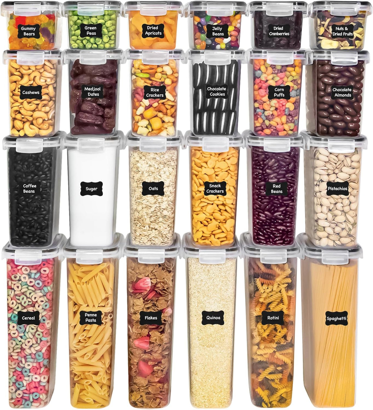 Kitchen Storage Containers with Lids, 48 PCS Airtight Food Storage Containers, Plastic Kitchen Containers, Pantry Containers for Cereal, Dry Food, Includes Labels, Marker & Measuring Spoons
