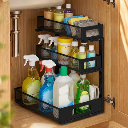 3 Tier Under Sink Organizer, Pull Out Cabinet Shelves with Adjustable Height,Heavy Duty Carbon Steel L-Shaped Storage for Kitchen Bathroom Sink,Pantry & Laundry,Black