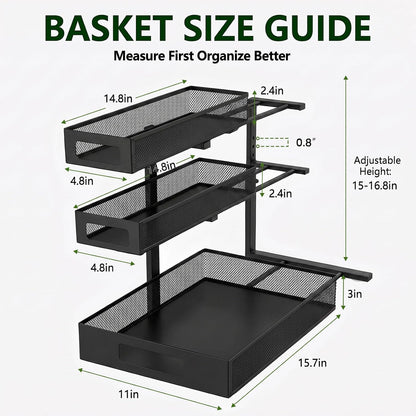 3 Tier Under Sink Organizer, Pull Out Cabinet Shelves with Adjustable Height,Heavy Duty Carbon Steel L-Shaped Storage for Kitchen Bathroom Sink,Pantry & Laundry,Black