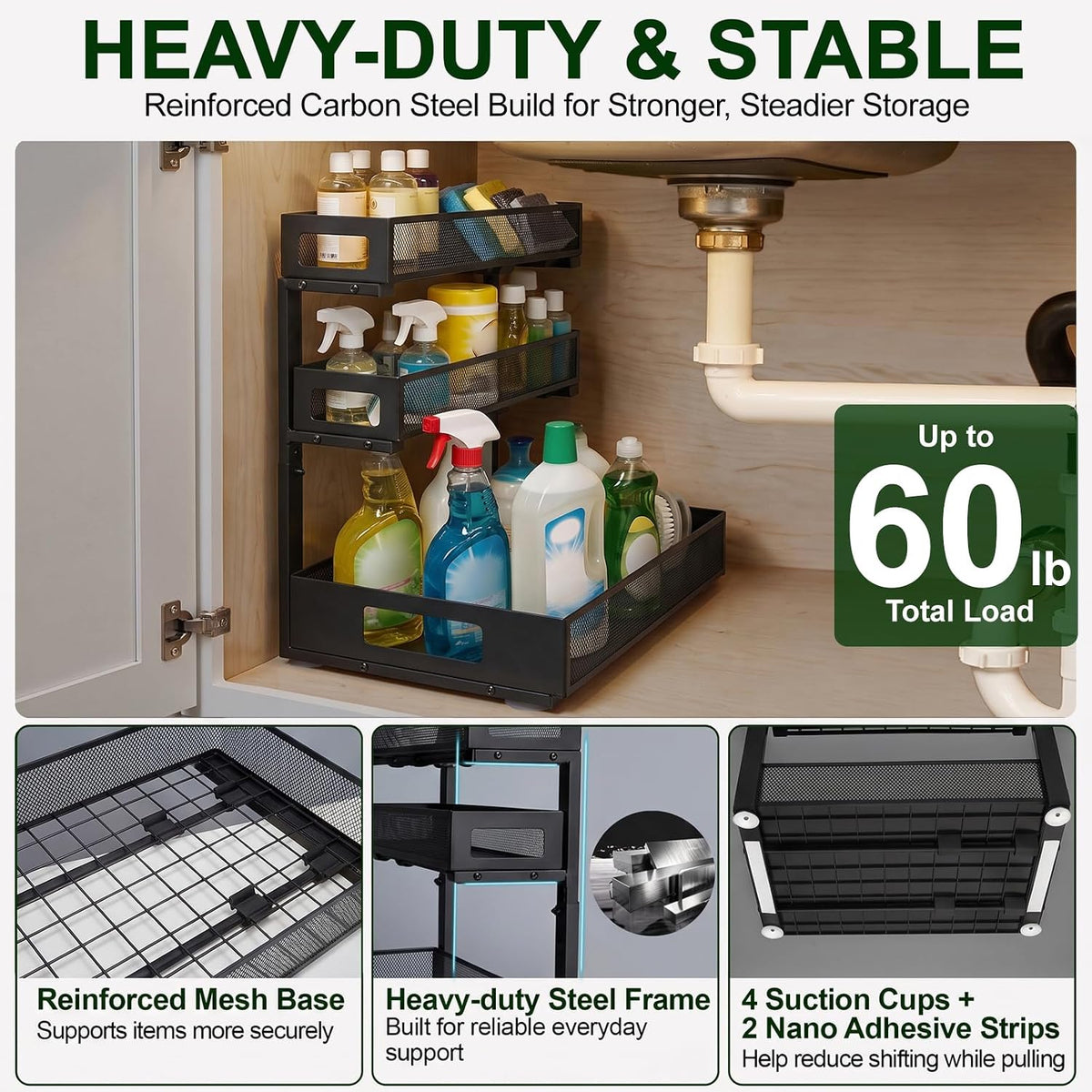3 Tier Under Sink Organizer, Pull Out Cabinet Shelves with Adjustable Height,Heavy Duty Carbon Steel L-Shaped Storage for Kitchen Bathroom Sink,Pantry & Laundry,Black
