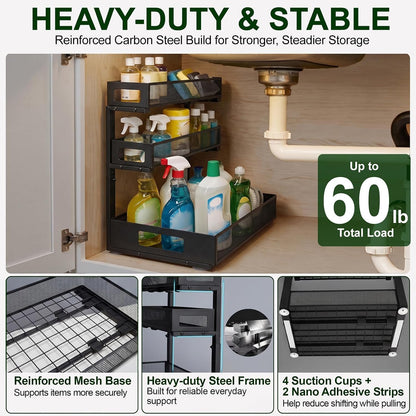 3 Tier Under Sink Organizer, Pull Out Cabinet Shelves with Adjustable Height,Heavy Duty Carbon Steel L-Shaped Storage for Kitchen Bathroom Sink,Pantry & Laundry,Black