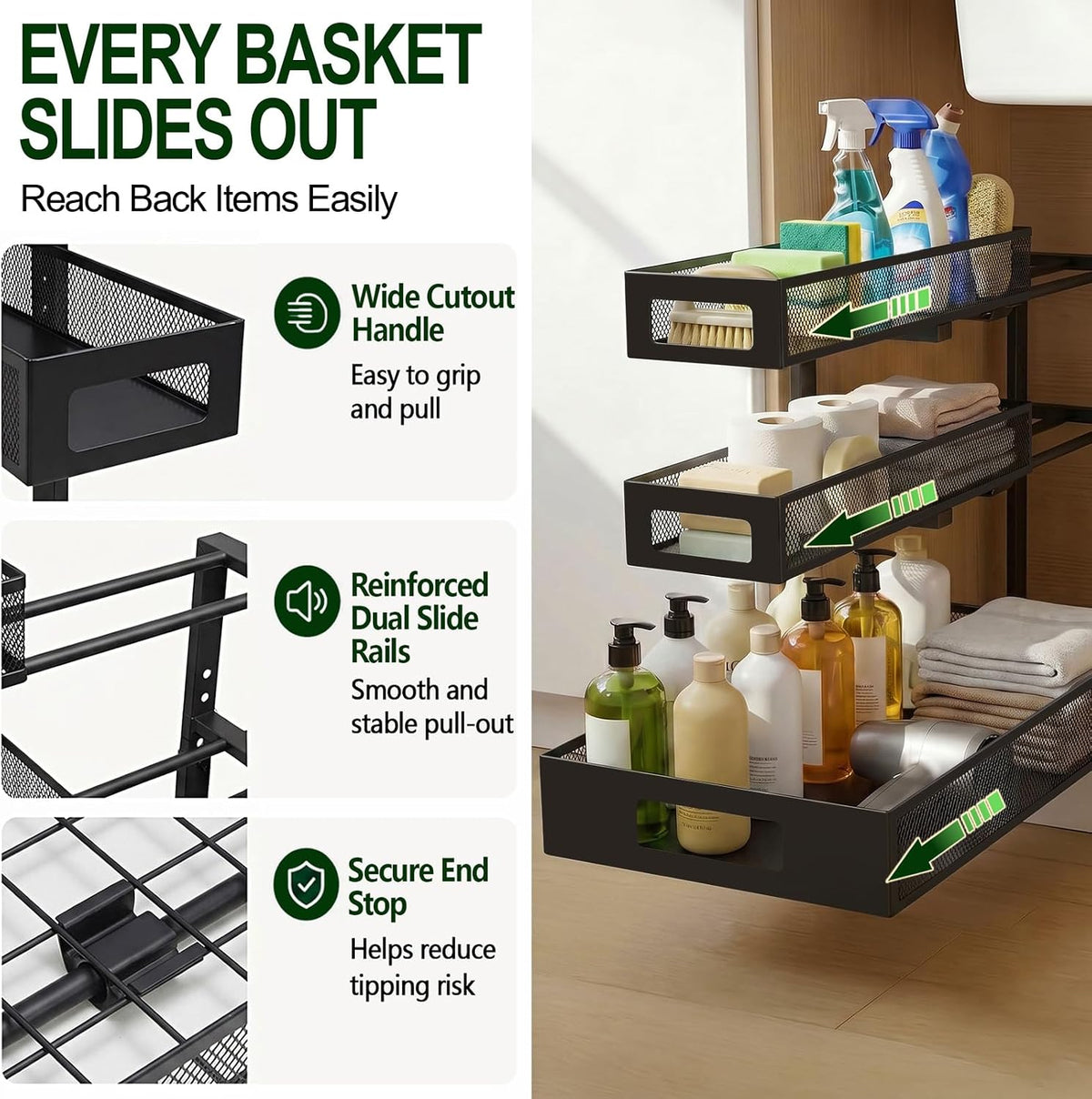 3 Tier Under Sink Organizer, Pull Out Cabinet Shelves with Adjustable Height,Heavy Duty Carbon Steel L-Shaped Storage for Kitchen Bathroom Sink,Pantry & Laundry,Black