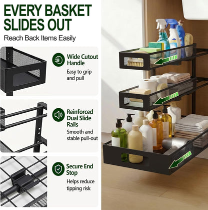 3 Tier Under Sink Organizer, Pull Out Cabinet Shelves with Adjustable Height,Heavy Duty Carbon Steel L-Shaped Storage for Kitchen Bathroom Sink,Pantry & Laundry,Black