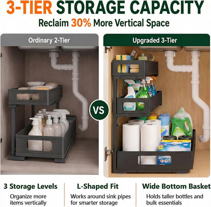 3 Tier Under Sink Organizer, Pull Out Cabinet Shelves with Adjustable Height,Heavy Duty Carbon Steel L-Shaped Storage for Kitchen Bathroom Sink,Pantry & Laundry,Black