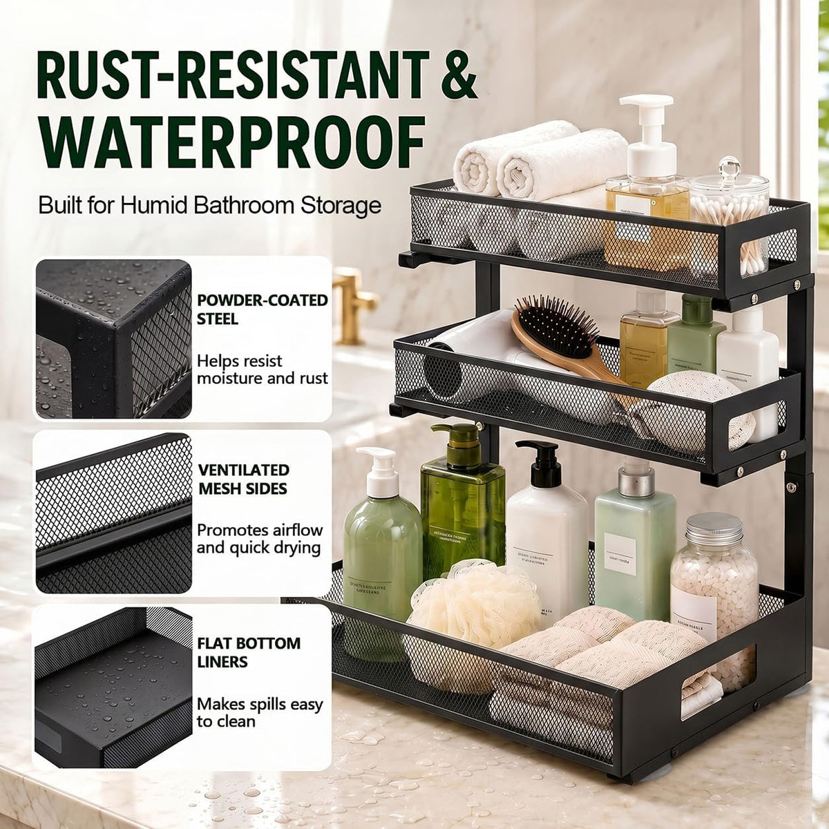 3 Tier Under Sink Organizer, Pull Out Cabinet Shelves with Adjustable Height,Heavy Duty Carbon Steel L-Shaped Storage for Kitchen Bathroom Sink,Pantry & Laundry,Black