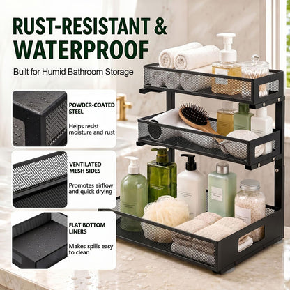 3 Tier Under Sink Organizer, Pull Out Cabinet Shelves with Adjustable Height,Heavy Duty Carbon Steel L-Shaped Storage for Kitchen Bathroom Sink,Pantry & Laundry,Black