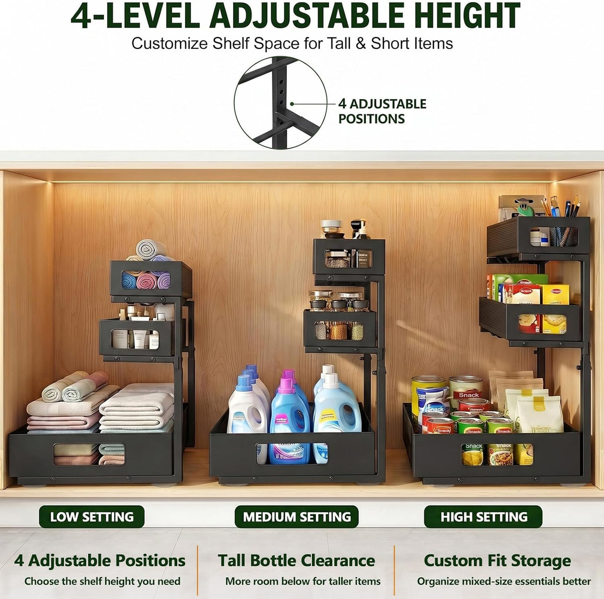 3 Tier Under Sink Organizer, Pull Out Cabinet Shelves with Adjustable Height,Heavy Duty Carbon Steel L-Shaped Storage for Kitchen Bathroom Sink,Pantry & Laundry,Black