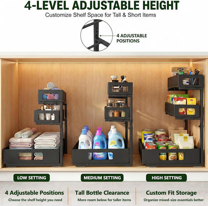 3 Tier Under Sink Organizer, Pull Out Cabinet Shelves with Adjustable Height,Heavy Duty Carbon Steel L-Shaped Storage for Kitchen Bathroom Sink,Pantry & Laundry,Black
