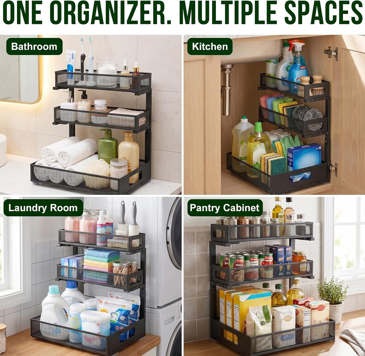 3 Tier Under Sink Organizer, Pull Out Cabinet Shelves with Adjustable Height,Heavy Duty Carbon Steel L-Shaped Storage for Kitchen Bathroom Sink,Pantry & Laundry,Black