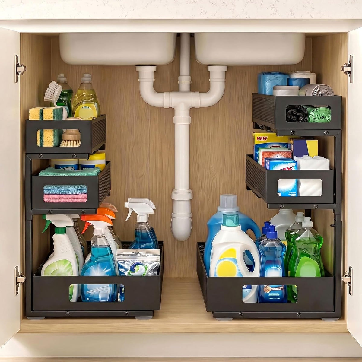 3 Tier Under Sink Organizer, Pull Out Cabinet Shelves with Adjustable Height,Heavy Duty Carbon Steel L-Shaped Storage for Kitchen Bathroom Sink,Pantry & Laundry,Black