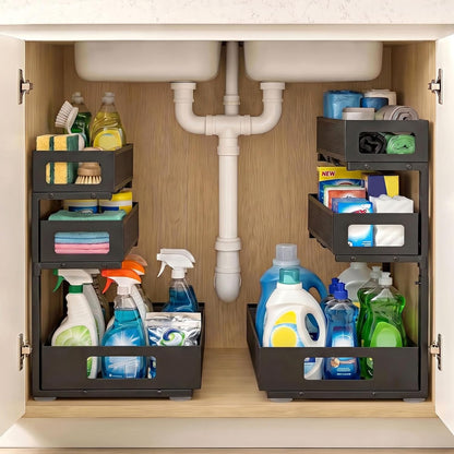 3 Tier Under Sink Organizer, Pull Out Cabinet Shelves with Adjustable Height,Heavy Duty Carbon Steel L-Shaped Storage for Kitchen Bathroom Sink,Pantry & Laundry,Black
