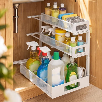 3 Tier Under Sink Organizer, Pull Out Cabinet Shelves with Adjustable Height,Heavy Duty Carbon Steel L-Shaped Storage for Kitchen Bathroom Sink,Pantry & Laundry,Black