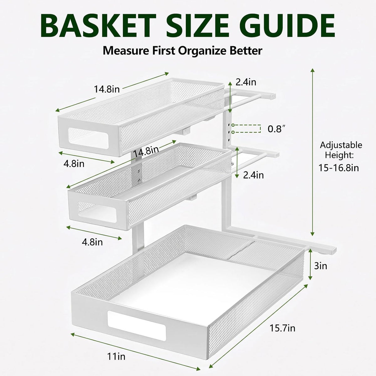 3 Tier Under Sink Organizer, Pull Out Cabinet Shelves with Adjustable Height,Heavy Duty Carbon Steel L-Shaped Storage for Kitchen Bathroom Sink,Pantry & Laundry,Black