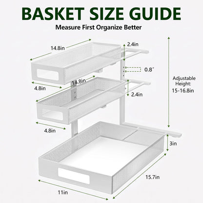 3 Tier Under Sink Organizer, Pull Out Cabinet Shelves with Adjustable Height,Heavy Duty Carbon Steel L-Shaped Storage for Kitchen Bathroom Sink,Pantry & Laundry,Black