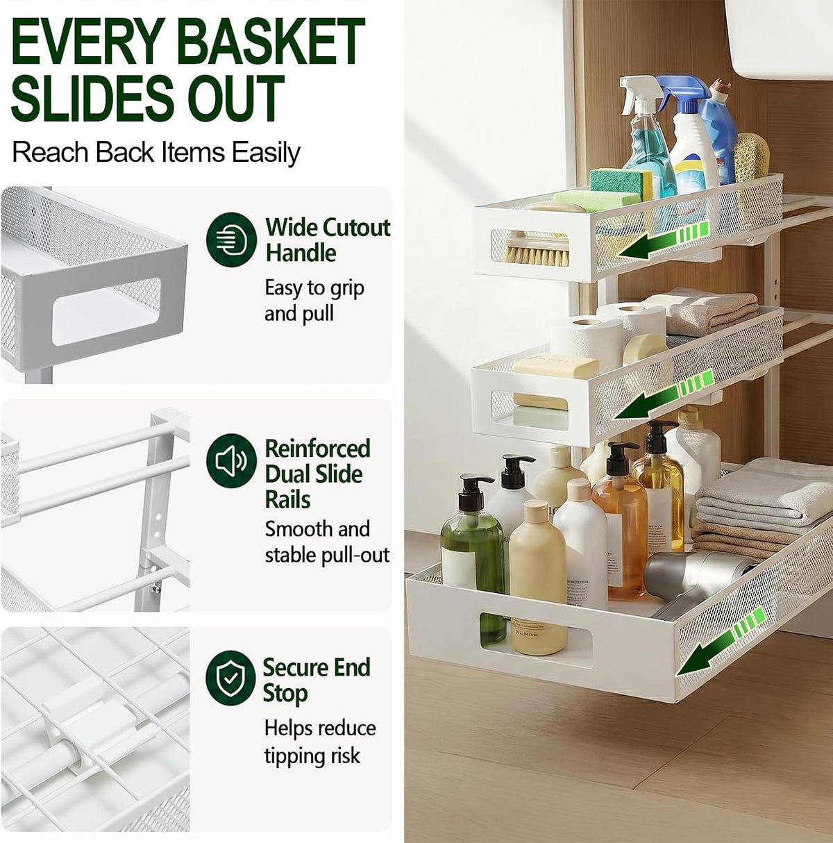 3 Tier Under Sink Organizer, Pull Out Cabinet Shelves with Adjustable Height,Heavy Duty Carbon Steel L-Shaped Storage for Kitchen Bathroom Sink,Pantry & Laundry,Black