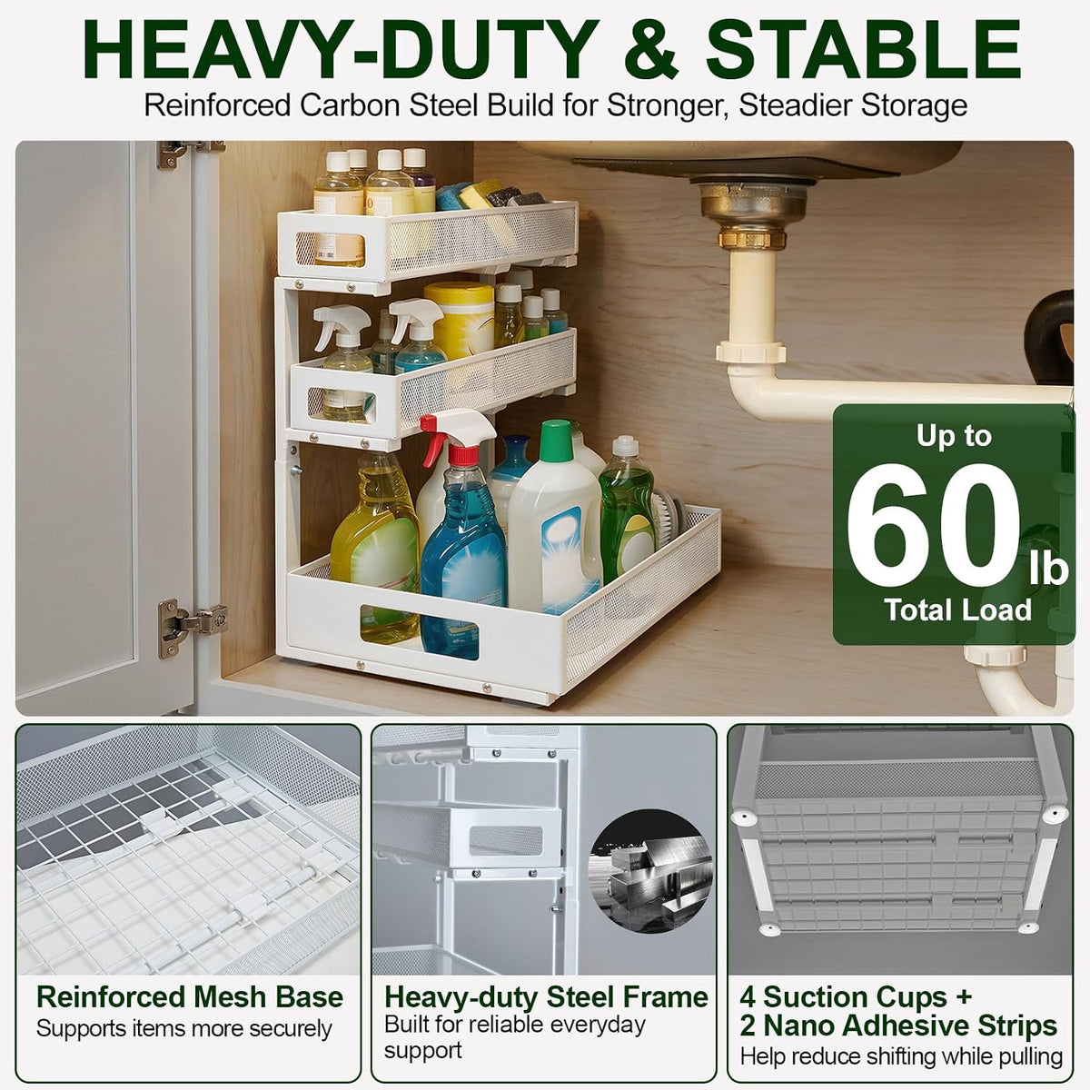 3 Tier Under Sink Organizer, Pull Out Cabinet Shelves with Adjustable Height,Heavy Duty Carbon Steel L-Shaped Storage for Kitchen Bathroom Sink,Pantry & Laundry,Black